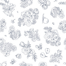 Seamless Floral Pattern With Rose And Pear, Blue Line On White. Hand Drawn Illustration For Fabric, Wrapping, Prints