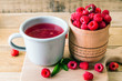 kissel of raspberry, Russian traditional drink, national cuisine, fresh berries, rural style, wooden background