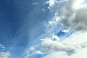 Beautiful blue sky and beautiful white cirrus and cumulus clouds. Landscape. Background.