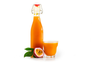 Passion fruit and passion fruit juice In a glass White isolated background 