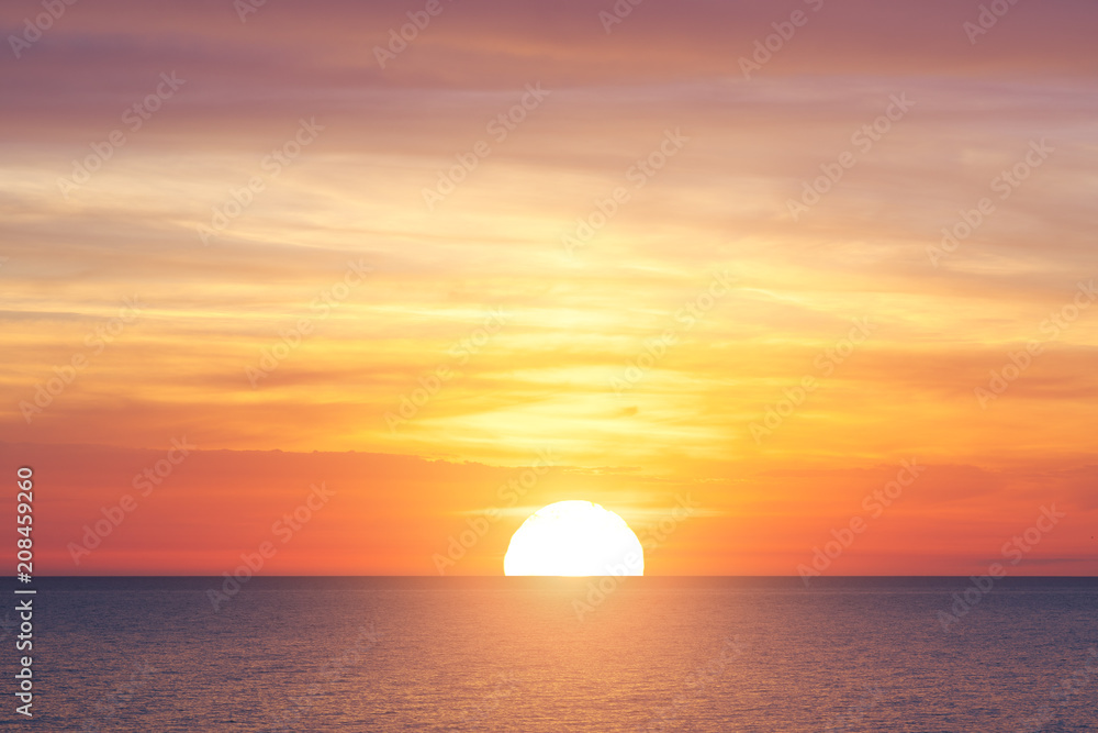 Big sun and sea sunset - obrazy, fototapety, plakaty 