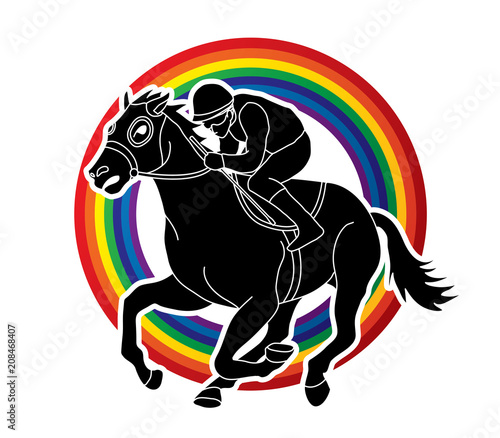Fotografía Jockey riding horse, hose racing designed on line rainbows background graphic vector