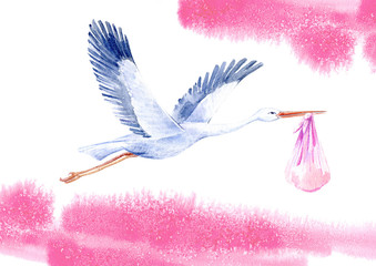  Stork with baby girl and sky.Newborn picture. Watercolor hand drawn illustration.White background.