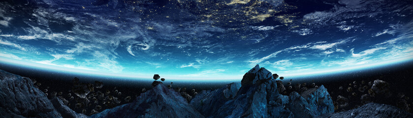 Wall Mural - panoramic view of planet earth with asteroids flying close 3d rendering elements of this image furni
