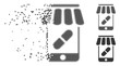Dispersed online pharmacy dotted icon with disintegration effect. Halftone dotted and intact solid gray versions. Dots have rectangle shape. Points are organized into dissolving online pharmacy shape.