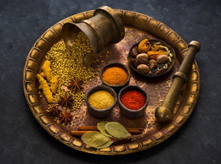 Wall Mural - Selection of Indian Spices and seasonings on a metal tray, top view