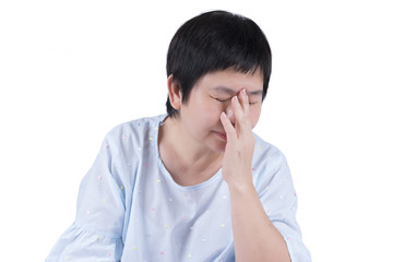 Wall Mural - Asian Middle-aged woman having headache isolated on white background