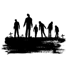 Wall Mural - Silhouette of zombies walking at graveyard, Vector Illustration