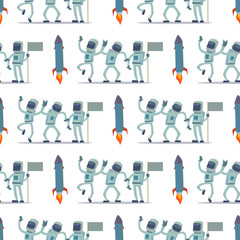 Wall Mural - Astronaut in space vector character having fun spaceman galaxy cosmos atmosphere astronautics system fantasy traveler man seamless pattern background.