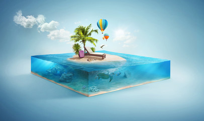 Wall Mural - Travel and vacation background. 3d illustration with cut of the sea and beautiful island. Baby island isolated on white.