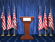 Podium speaker tribune with USA flags. Briefing of president of United states in White House. Politics concept.