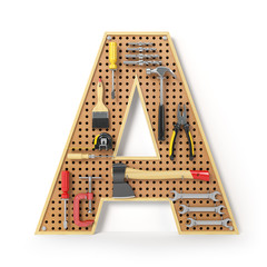 Wall Mural - Letter A. Alphabet from the tools on the metal pegboard isolated on white.