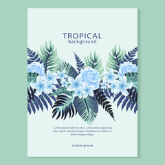 Vector vertical banner with tropical leaves and flowers on light blue  background.  Design for invitation card, wedding.