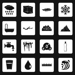Wall Mural - Water icons set in white squares on black background simple style vector illustration
