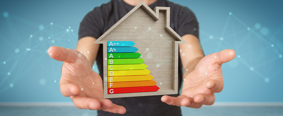 Wall Mural - businessman using 3d rendering energy rating chart in a wooden house