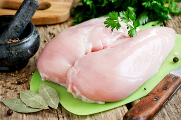 Wall Mural - Raw chicken breast fillets on a cutting board on a wooden table with spices