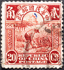 Wall Mural - Chinese farmer on ancient postage stamp