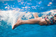 Men's legs swimming underwater in the swimming pool in summer