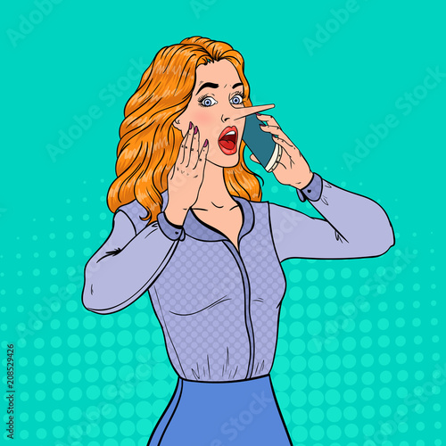 Fényképezés Pop Art Shocked Woman with Long Nose Talking on Smartphone