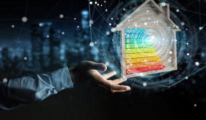 Wall Mural - businessman using 3d rendering energy rating chart in a wooden house