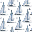 Seamless watercolor nautical pattern with various boats and anchors on white background, perfect for wrappers, wallpapers, postcards, greetings, wedding invitations, romantic events.