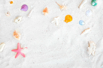 Wall Mural - Beach background - top view of beach sand with shells and starfish. summer background concept.