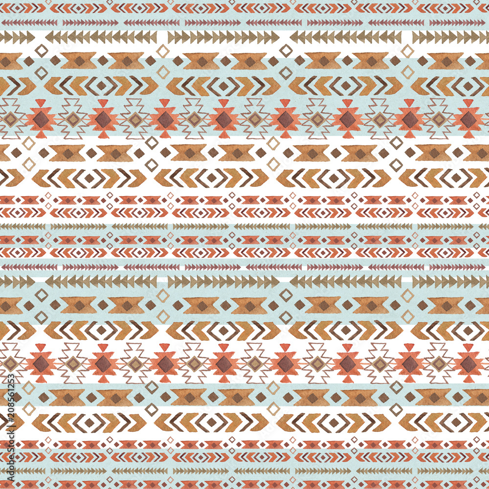 Watercolor ethnic boho seamless pattern of ornament, tribal sign on white-blue background, native american tribe decoration print element, bohemian navajo illustration, Indian, Peru, Aztec wrapping. - obrazy, fototapety, plakaty 