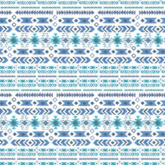 Watercolor ethnic boho seamless pattern of ornament, tribal sign on white background, native american tribe decoration print element, tribal bohemian navajo illustration, Indian, Peru, Aztec wrapping.