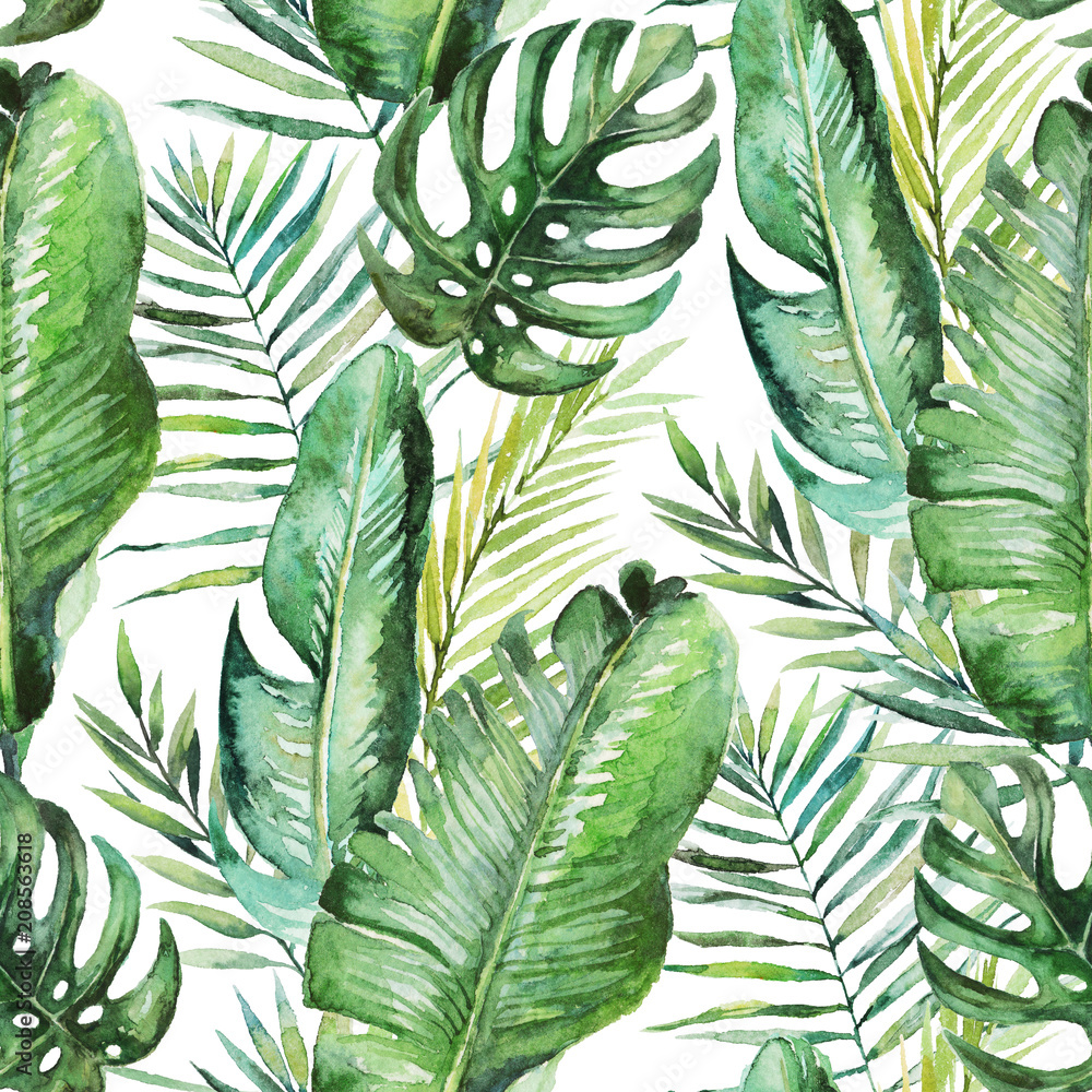 Foto-Plissee zum Schrauben - Green tropical palm & fern leaves on white background. Watercolor hand painted seamless pattern. Tropical illustration. Jungle foliage.