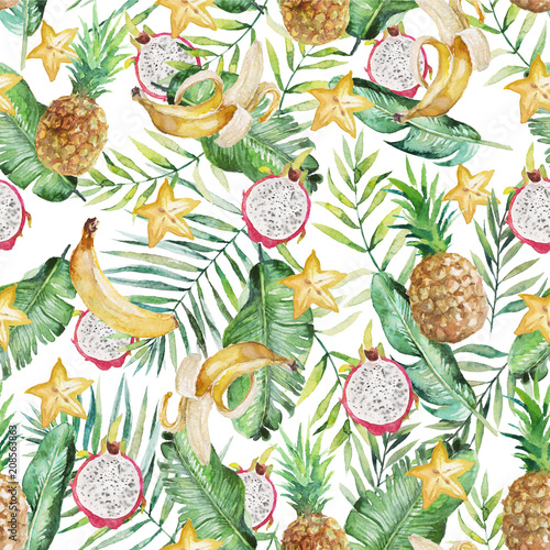Stoffe zum Nähen Green palm leaves, banana, pineapple, carambola star and pitaya on the white background. Watercolor hand painted seamless pattern. Tropical illustration. Jungle foliage.