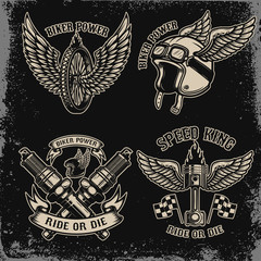 Sticker - Set of vintage biker motorcycle emblems on dark background. For logo, label, sign, prints.