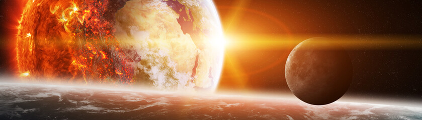 Wall Mural - exploding sun in space close to planet 3d rendering elements of this image furnished by nasa