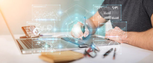 Aufkleber - Graphic designer using digital screens interface with holograms datas 3D rendering