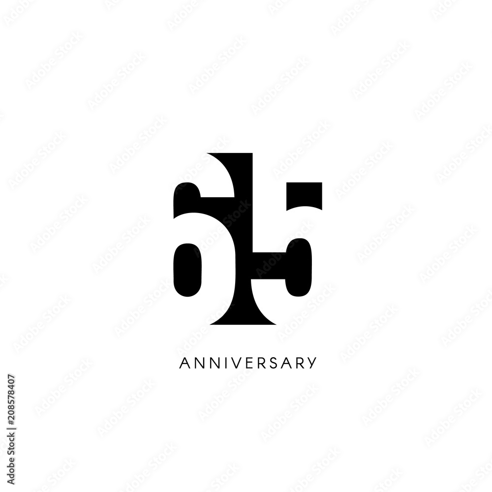 Sixty five anniversary, minimalistic logo. Sixty-fifth years, 65th jubilee, greeting card. Birthday invitation. 65 year sign. Black negative space vector illustration on white background. - obrazy, fototapety, plakaty 