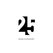 Twenty Five Anniversary, Minimalistic Logo. Twenty Fifth Years, 25th Jubilee, Greeting Card. Birthday Invitation. 25 Year Sign. Black Negative Space Vector Illustration On White Background.