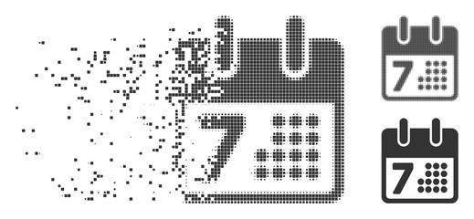 Wall Mural - Gray vector calendar day page icon in fractured, pixelated halftone and undamaged solid versions. Disappearing effect involves square particles.