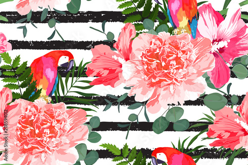 Floral summer stripe seamless pattern with parrot, peony, hibiscus, eucalyptu...