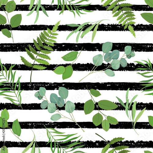 Greenery stripe seamless pattern with eucalyptus branch, fern, green leaves, ...