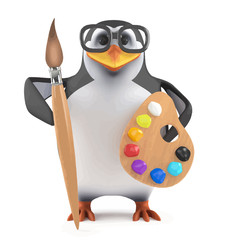 Fototapete - Vector 3d Academic penguin loves to paint