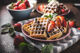 Fototapeta  - Waffles with berries, strawberries