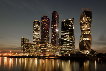 Night embankment of the Moskva River near the business center of the city.