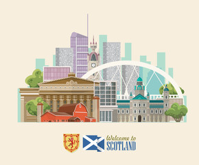 Scotland travel vector in modern style. Scottish landscapes