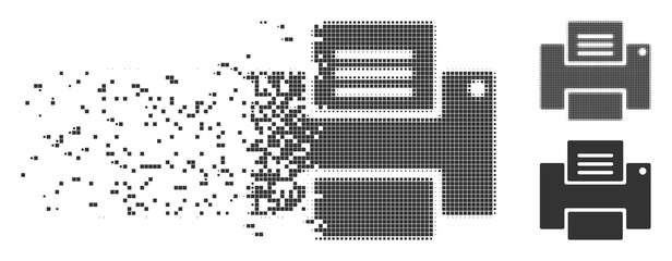 Wall Mural - Gray vector printer icon in dissolved, dotted halftone and undamaged whole versions. Disappearing effect involves rectangular dots. Pieces are combined into dispersed printer symbol.