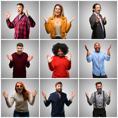 Poster - Group of mixed people, women and men happy and surprised cheering expressing wow gesture