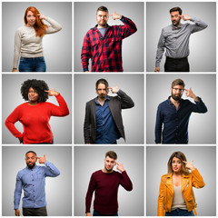 Poster - Group of mixed people, women and men unhappy making suicide gesture, tired of everything. Shoots with hand imitating gun, upset