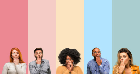 Poster - Cool group of people, woman and man covers mouth in shock, looks shy, expressing silence and mistake concepts, scared