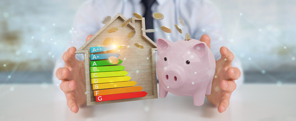Wall Mural - businessman saving money with good energy chart rating 3d rendering