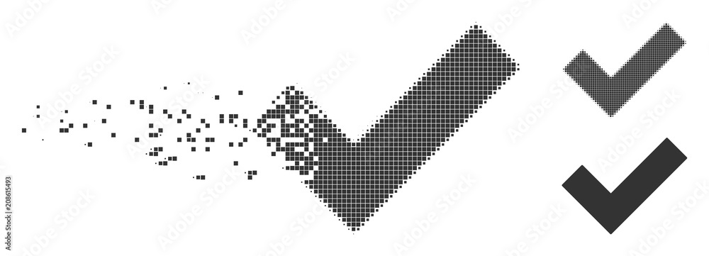 Grey vector yes tick icon in dispersed, pixelated halftone and ...