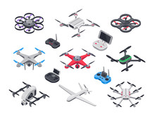 Unmanned Aircraft, Delivery Drone With Propellers, Camera And Computer Controller. Drones And Controllers Isolated Vector Isometric Set