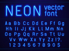 Bright Glowing Blue Neon Alphabet Letters And Numbers Font. Nightlife Entertainments, Modern Bars, Casino Illuminated Vector Signs